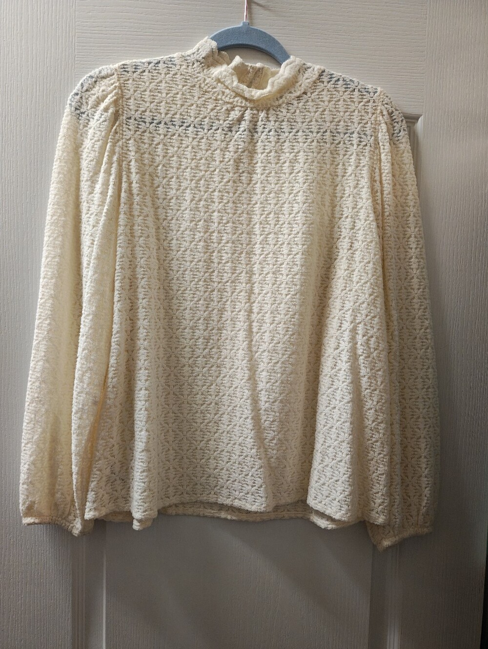 LOFT Cream Lace Ruffle-Neck Long Sleeve Blouse